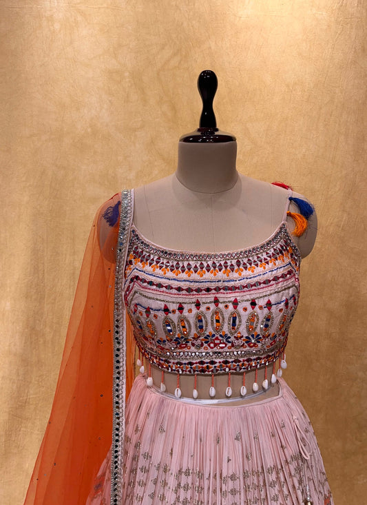 (DELIVERY IN 15-20 DAYS) BRIDESMAIDS READYMADE PEACH COLOUR CHINON LEHENGA & CROP TOP BLOUSE WITH NET DUPATTA EMBELLISHED WITH MIRROR & CUTDANA WORK