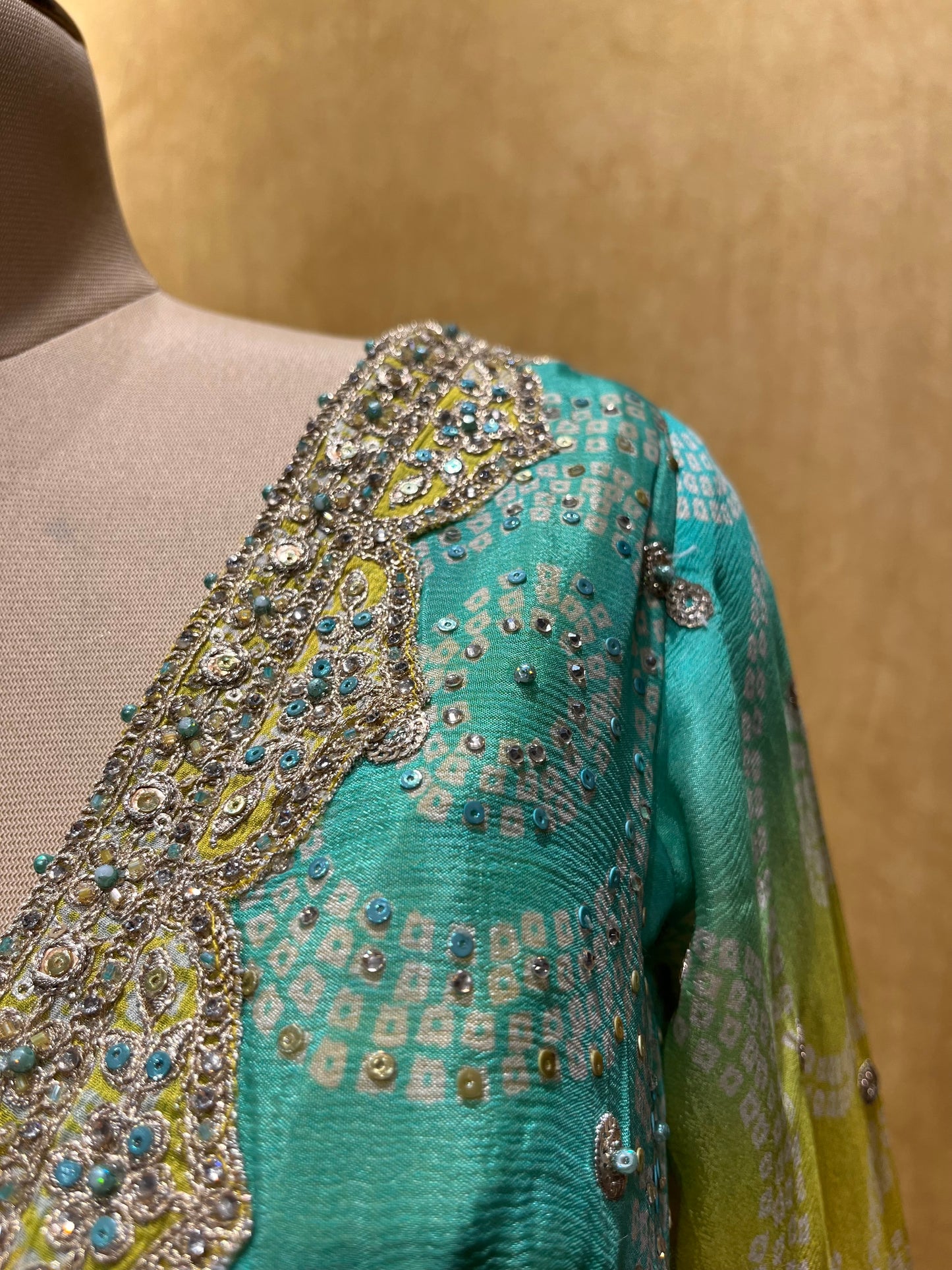 SEA GREEN & PARROT GREEN COLOUR BANDHANI CHINON SIDE SLIT READYMADE SUIT EMBELLISHED WITH ZARI EMBROIDERY