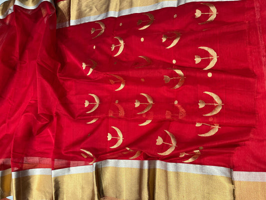 RED COLOUR PURE CHANDERI HANDLOOM SAREE WITH ZARI BORDER