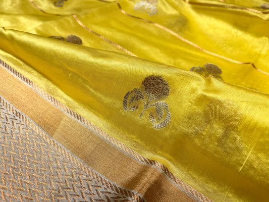 LEMON COLOUR PURE CHANDERI HANDLOOM SAREE WITH ZARI BORDER & BUTTI
