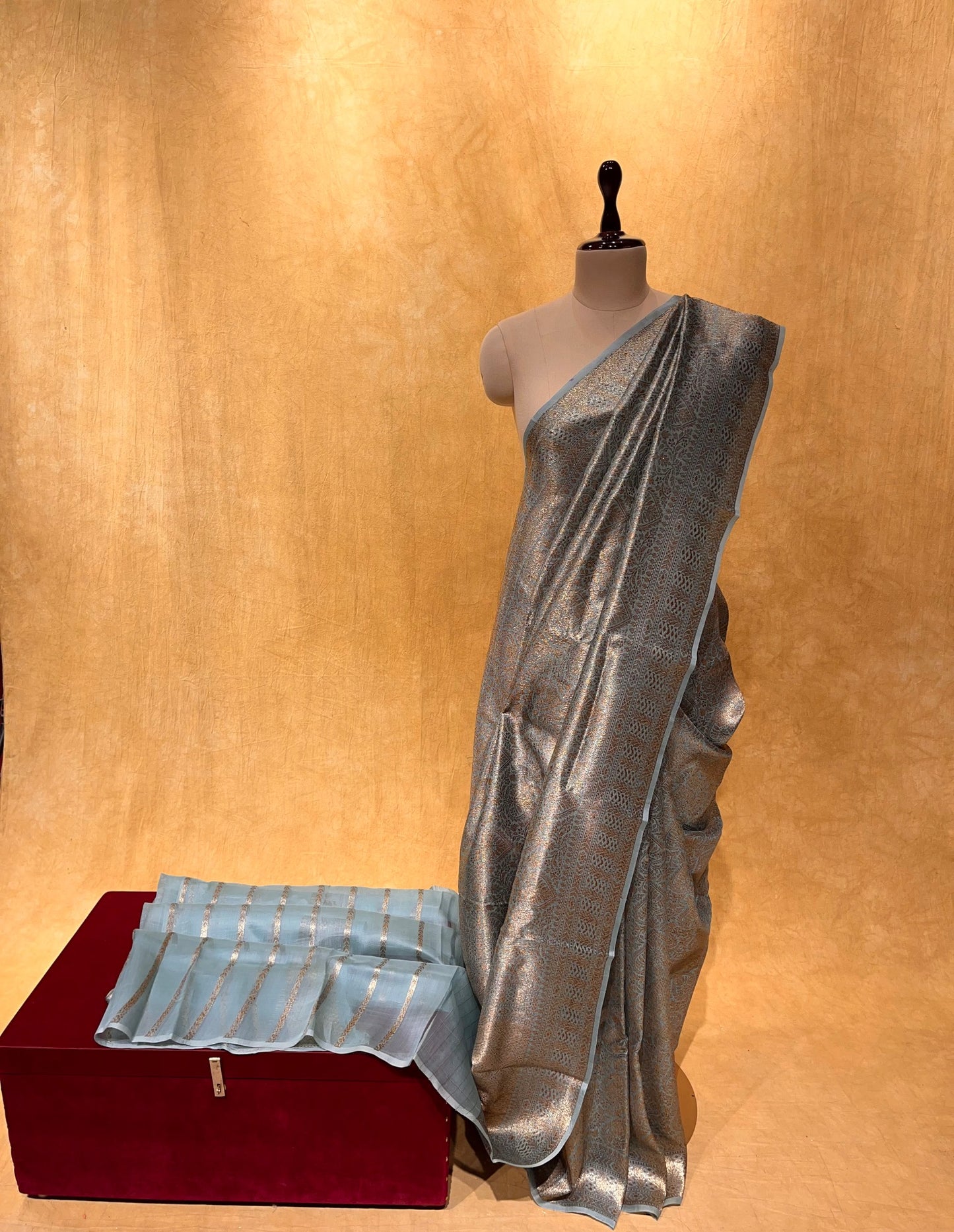 (DELIVERY IN 20-25 DAYS) AQUA COLOUR ANTIQUE ZARI JAAL ORGANZA SAREE EMBELLISHED WITH ZARI WEAVES