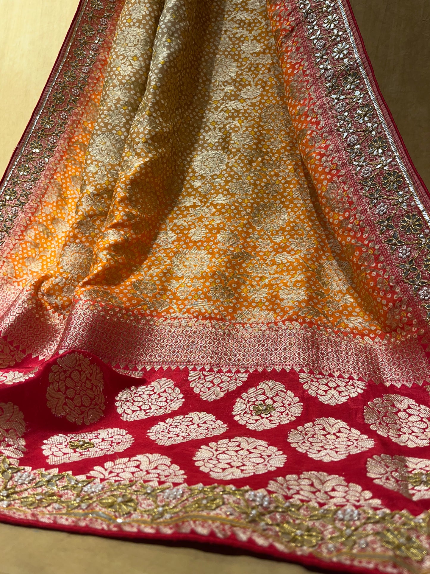 (DELIVERY IN 20-25 DAYS) SHADED COLOUR BANDHEJ SAREE WITH ZARI WEAVE AND GOTA PATTI WORK BORDER