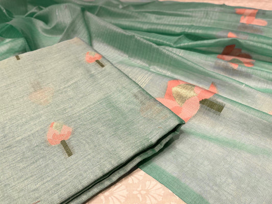 ( DELIVERY IN 15 DAYS ) SEA GREEN TANT DHAKAI JAMDANI UNSTITCHED SUITS ( DRESS MATERIAL)