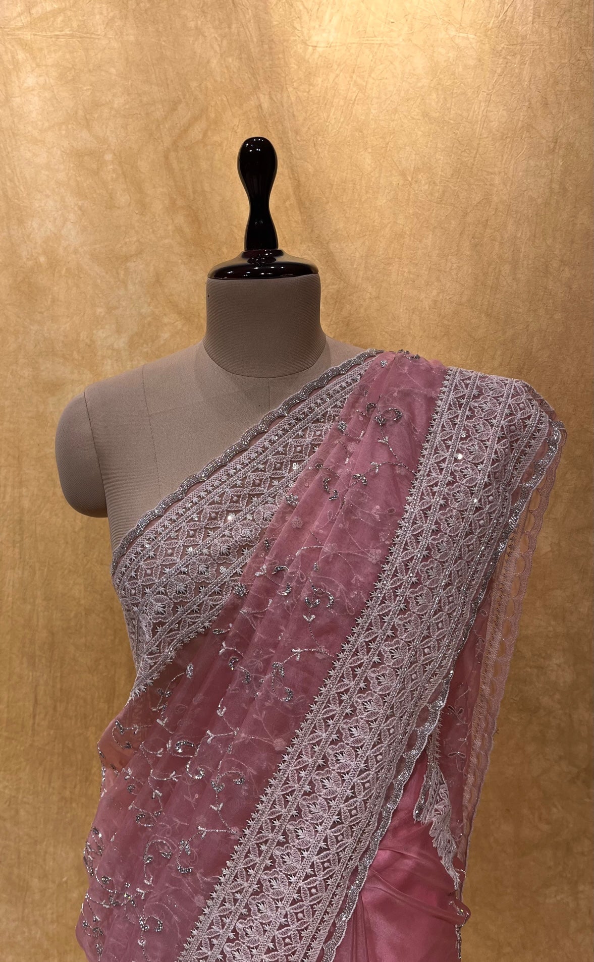 ( DELIVERY IN 25 DAYS ) PINK COLOUR ORGANZA HAND EMBROIDERED SAREE EMBELLISHED WITH CUTDANA & RESHAM WORK
