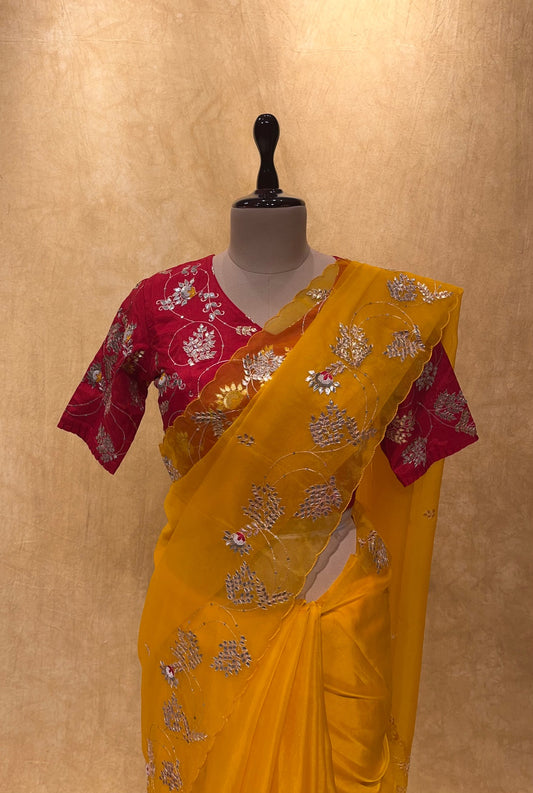 MUSTARD COLOUR ORGANZA READYMADE BLOUSE SAREE EMBELLISHED WITH GOTA PATTI WORK & CONTRAST BLOUSE