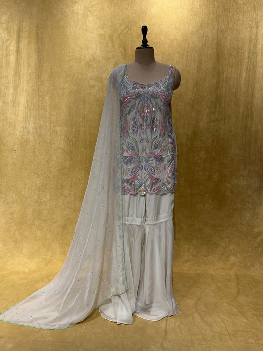 (DELIVERY IN 30 DAYS) WHITE COLOUR ORGANZA SHARARA SUIT HIGHLIGHT WITH CUT DANA & SEQUINS WORK