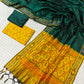 YELLOW COLOUR IKAT PURE SILK UNSTITCHED SUIT WITH CONTRAST GREEN DUPATTA (DRESS MATERIAL)