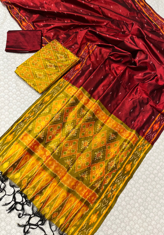 YELLOW COLOUR IKAT PURE SILK UNSTITCHED SUIT WITH CONTRAST RED DUPATTA