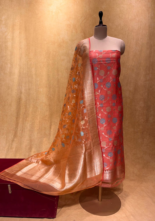 PEACH COLOUR HANDWOVEN SILK BANARASI UNSTITCHED SUIT EMBELLISHED WITH ZARI WEAVES