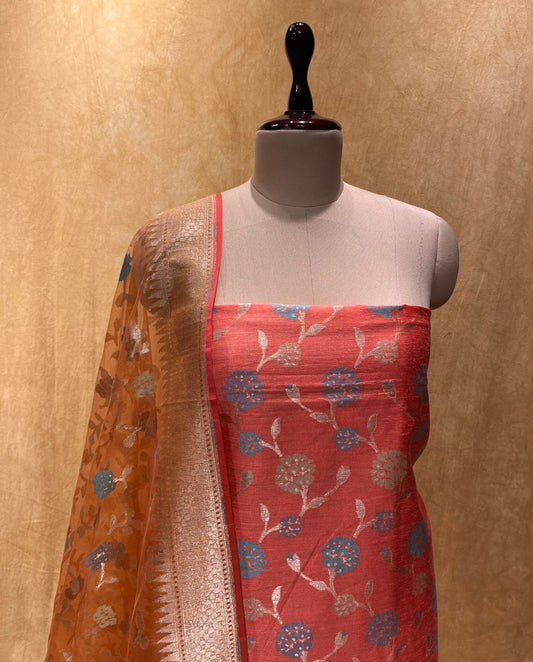 PEACH COLOUR HANDWOVEN SILK BANARASI UNSTITCHED SUIT EMBELLISHED WITH ZARI WEAVES