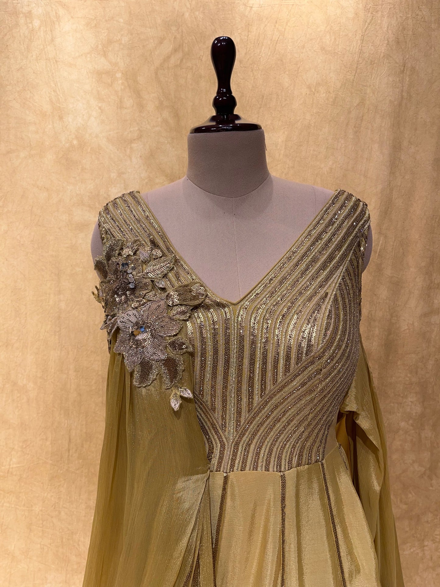 MUSTARD GOLDEN COLOR CHINON GOWN WITH SEQUINS & PATCH WORK