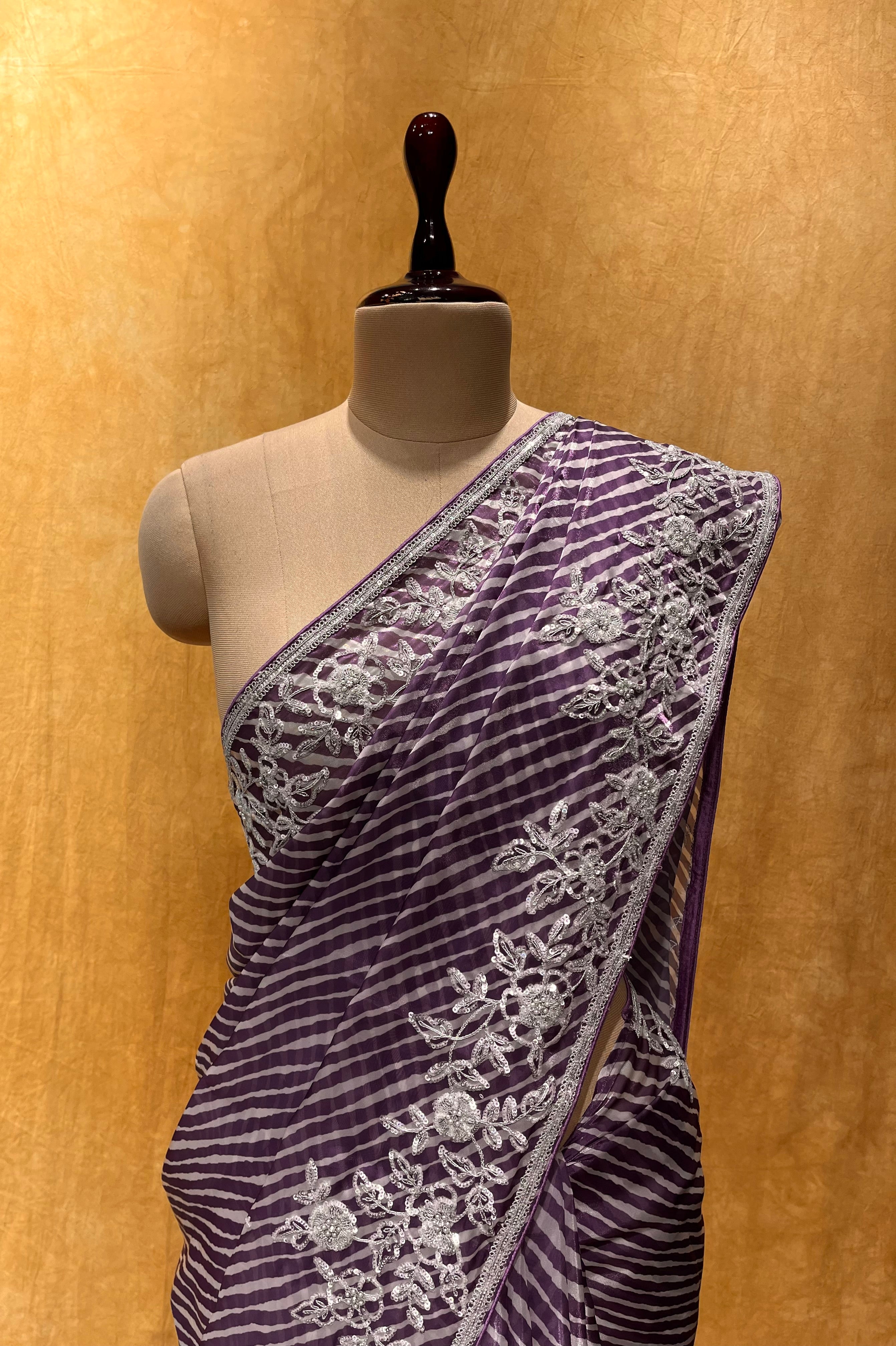 Purple Leheriya Printed With Woven Border Georgette Saree