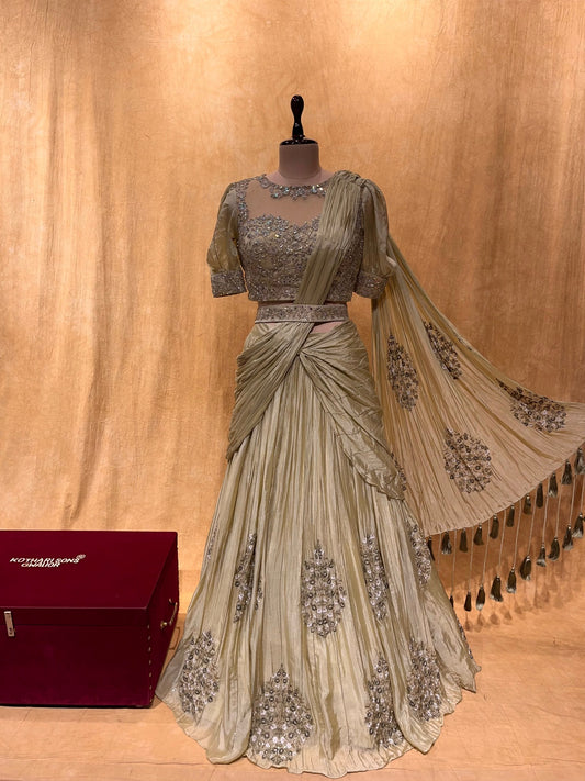 (DELIVERY IN 15-20 DAYS) BRIDESMAIDS READYMADE PISTA GREEN COLOUR LEHENGA WITH DRAPED DUPATTA & CROP TOP BLOUSE EMBELLISHED WITH MIRROR & CUTDANA WORK