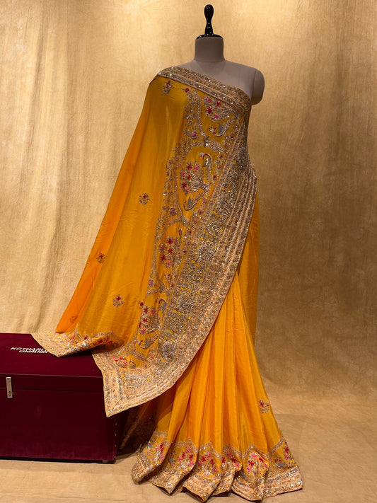 MUSTARD COLOUR CHINON HAND EMBROIDERED SAREE EMBELLISHED WITH ZARDOZI WORK