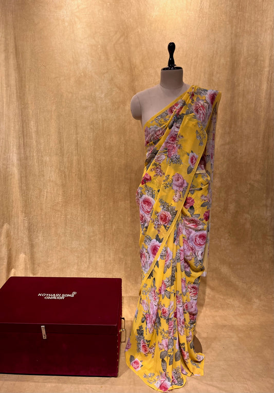 YELLOW COLOUR PURE GEORGETTE FLORAL PRINTED SAREE