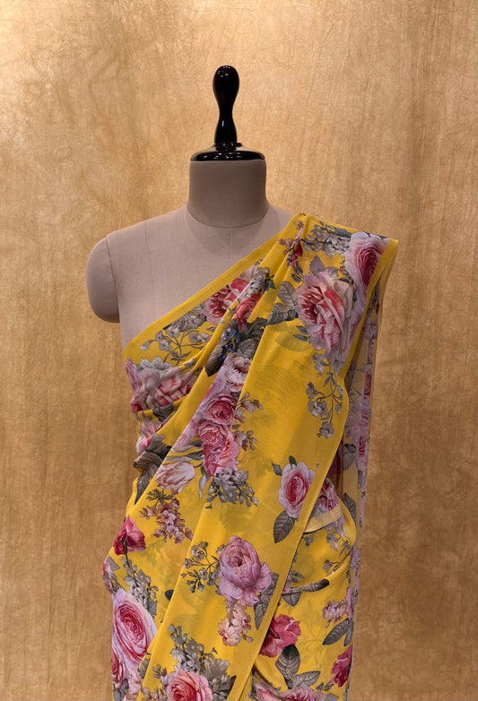 YELLOW COLOUR PURE GEORGETTE FLORAL PRINTED SAREE