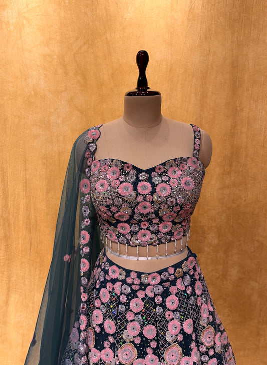 (DELIVERY IN 20-25 DAYS) TEAL BLUE NET HAND EMBROIDERED LEHENGA EMBELLISHED WITH SEQUINS & MIRROR WORK