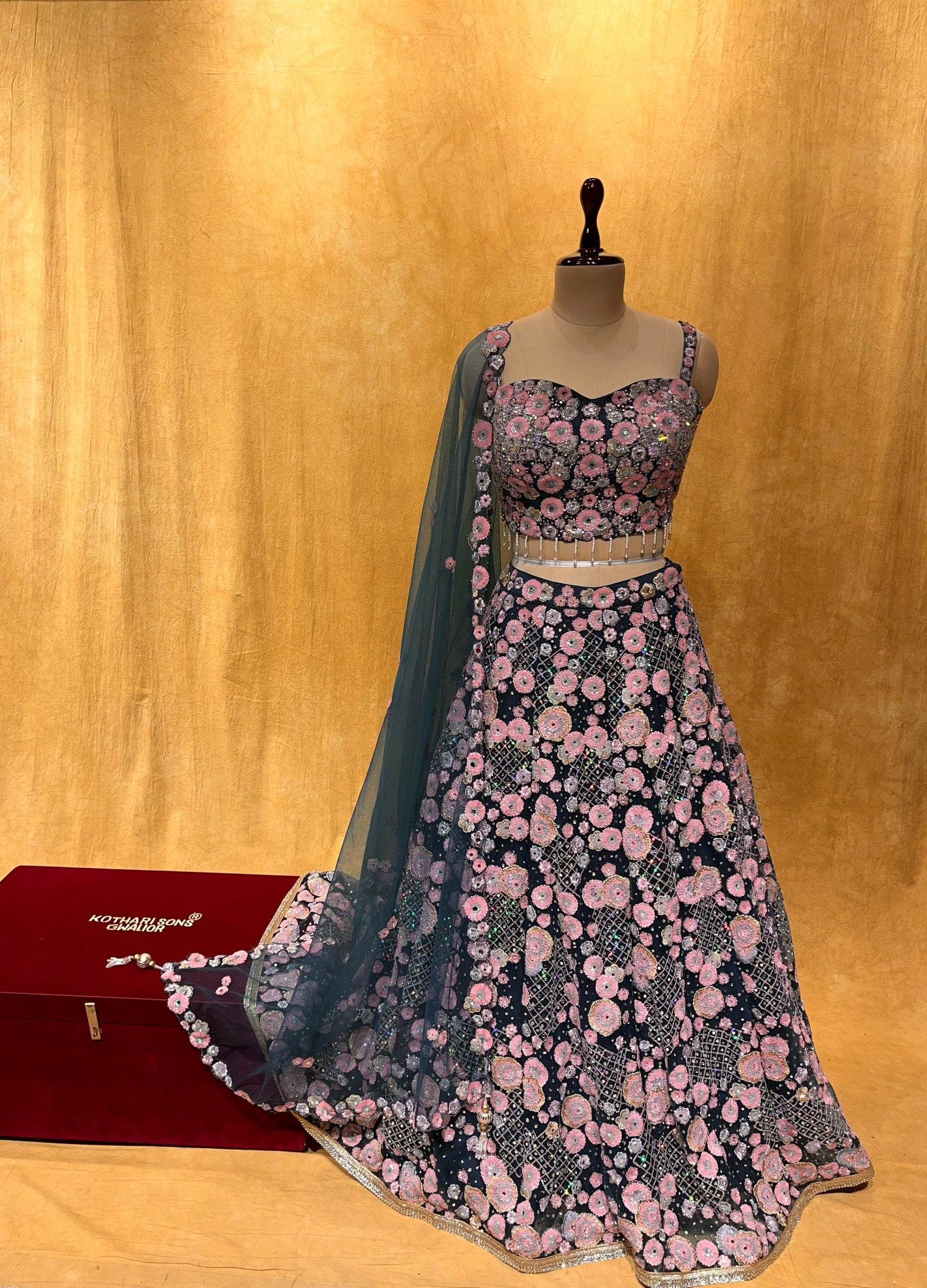 (DELIVERY IN 20-25 DAYS) TEAL BLUE NET HAND EMBROIDERED LEHENGA EMBELLISHED WITH SEQUINS & MIRROR WORK