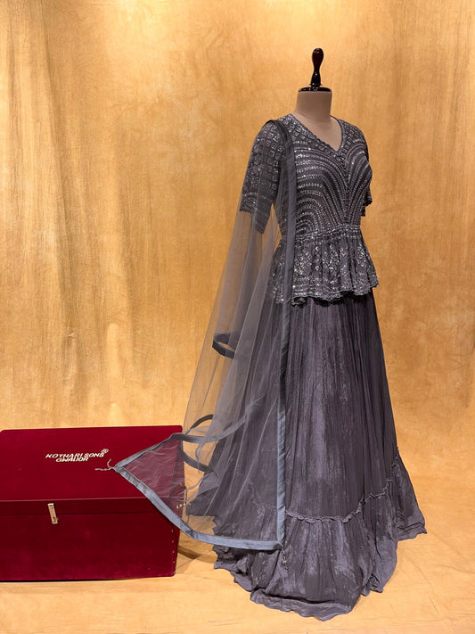 (DELIVERY IN 30 DAYS) BRIDESMAIDS READYMADE GREY COLOUR CHINON PEPLUM TOP AND SKIRT WITH NET DUPATTA EMBELLISHED WITH SEQUINS WORK