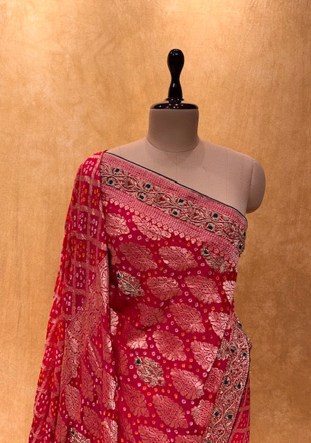(DELIVERY IN 25 DAYS) HOT PINK COLOUR GHARCHOLA KHADDI GEORGETTE SAREE EMBELLISHED WITH ZARDOZI