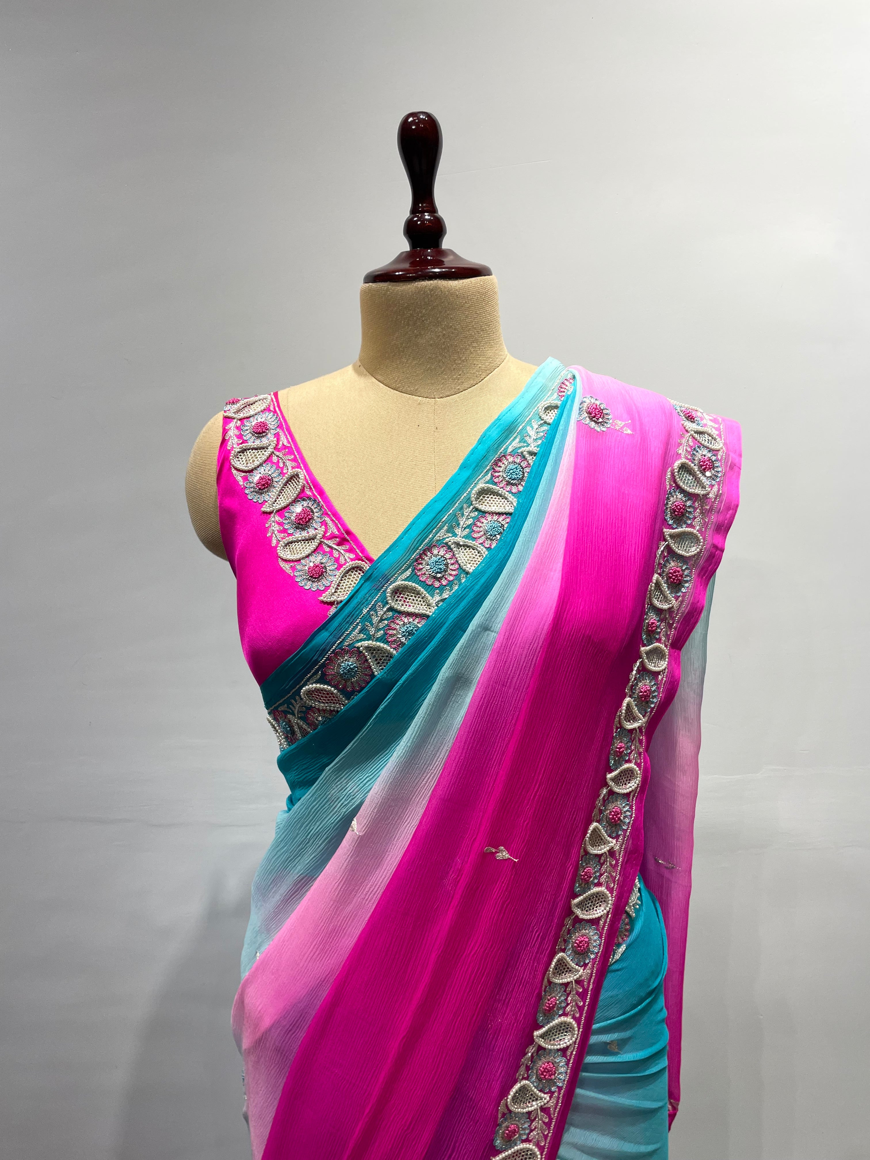 Shaded Blue Chiffon Saree With Embroidered Blouse Saree 2395SR15