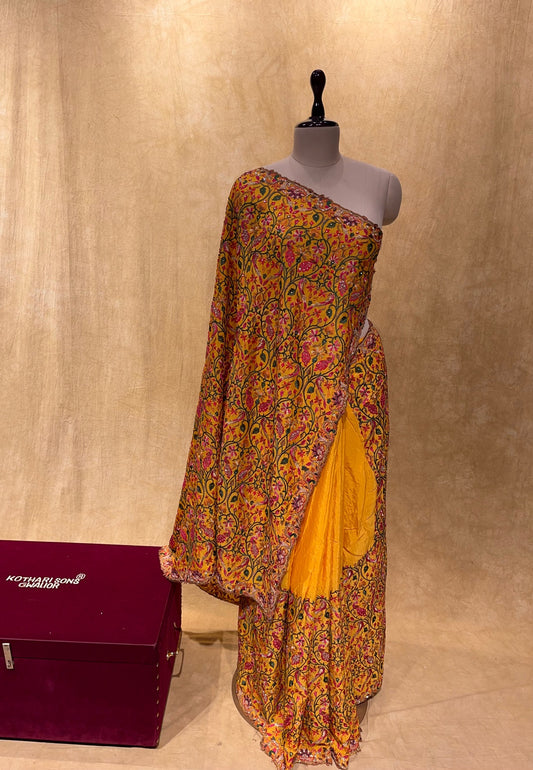 MUSTARD COLOUR CHINON RESHAM EMBROIDERED SAREE EMBELLISHED WITH CUTDANA WORK