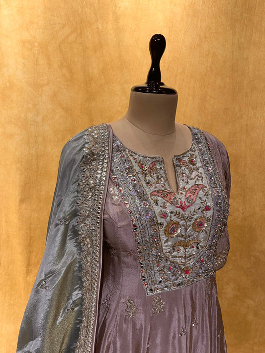 (DELIVERY IN 20-25 DAYS) LEVANDER COLOUR CREPE SILK PALAZZO SUIT EMBELLISHED WITH AARI & SEQUINS WORK