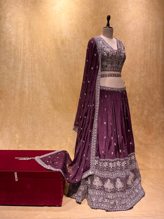 BRIDESMAIDS READYMADE WINE COLOUR CHINON LEHENGA EMBELLISHED WITH ZARI & CUTDANA WORK