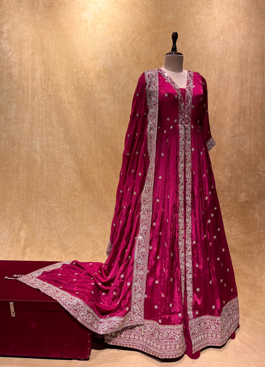 (DELIVERY IN 25-30 DAYS) MAGENTA COLOUR CHINON INDO-WESTERN DRESS EMBELLISHED WITH ZARI WORK