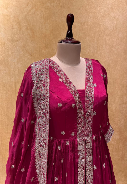(DELIVERY IN 25-30 DAYS) MAGENTA COLOUR CHINON INDO-WESTERN DRESS EMBELLISHED WITH ZARI WORK