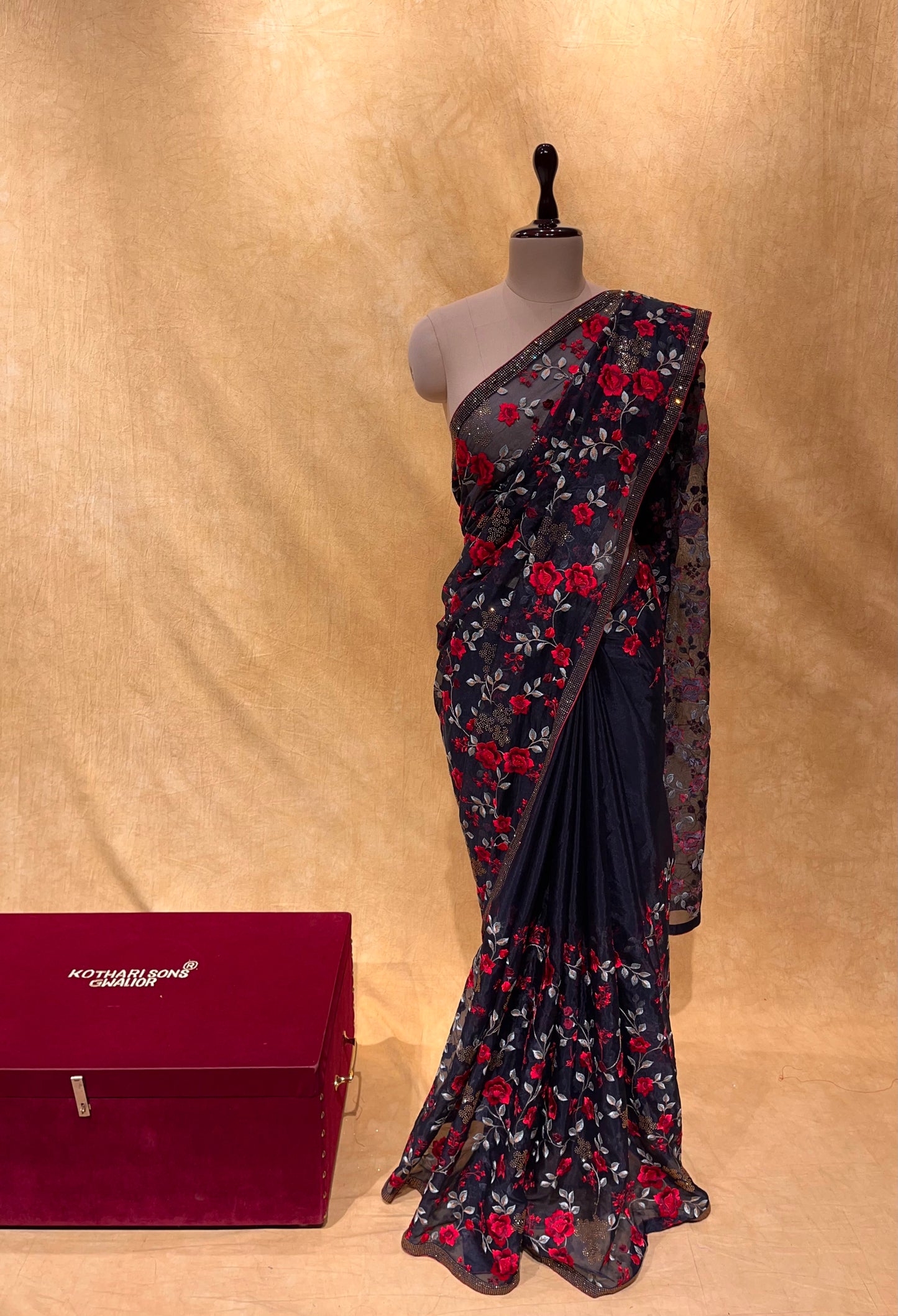 BLACK COLOUR ORGANZA EMBROIDERED SAREE EMBELLISHED WITH RESHAM EMBROIDERY