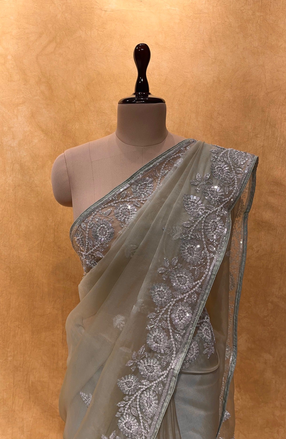 PISTA GREEN COLOUR ORGANZA SAREE EMBELLISHED WITHSEQUINS & PEARL WORK