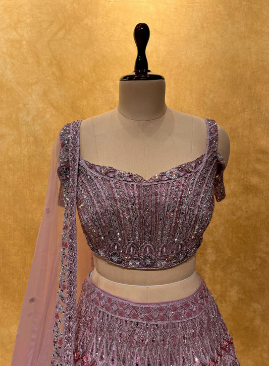 (DELIVERY IN 30 DAYS) BRIDESMAIDS READYMADE LAVENDER COLOUR HAND EMBROIDERED LEHENGA & CROP TOP BLOUSE EMBELLISHED WITH MIRROR & CUTDANA WORK