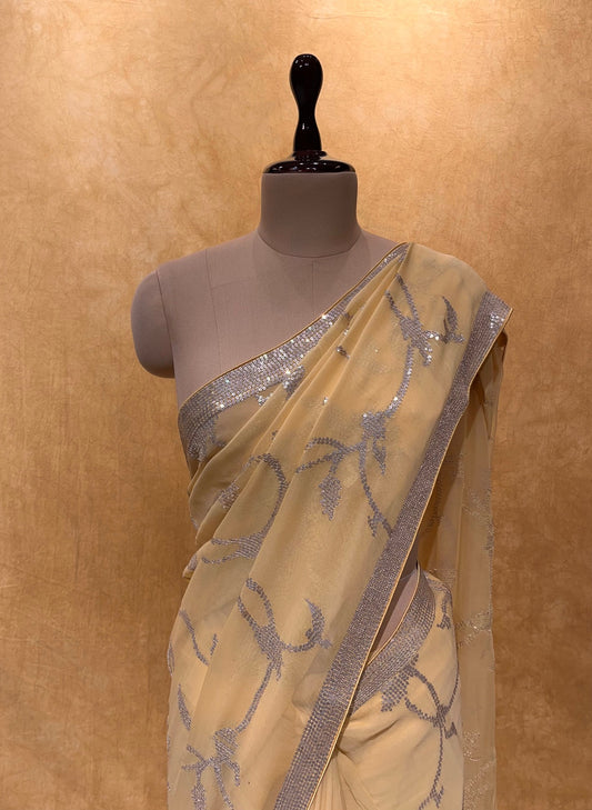 YELLOW COLOUR PURE GEORGETTE EMBROIDERED SAREE EMBELLISHED WITH SEQUINS WORK