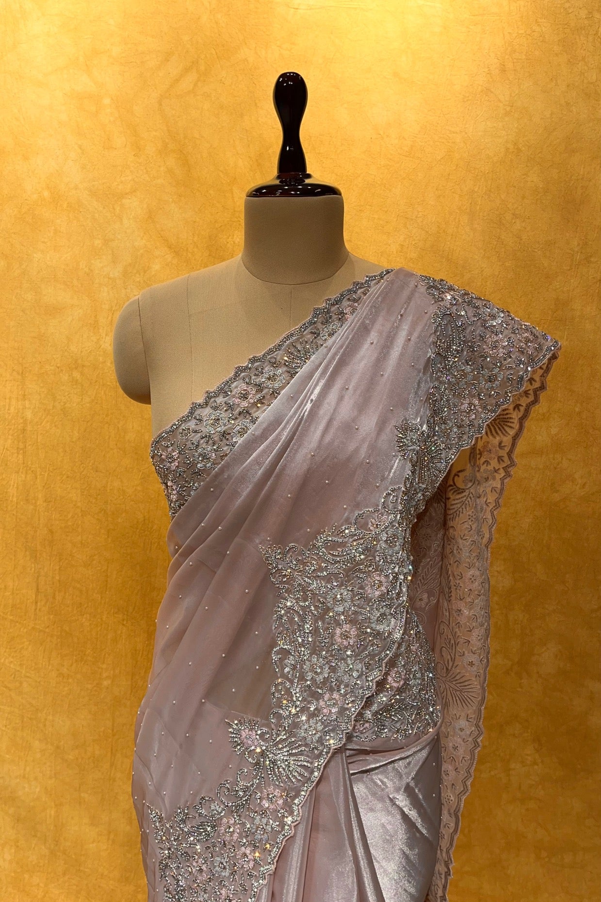 (DELIVERY IN 20-25 DAYS) PINK COLOUR ORGANZA TISSUE SAREE EMBELLISHED WITH SEQUINS & STONE WORK