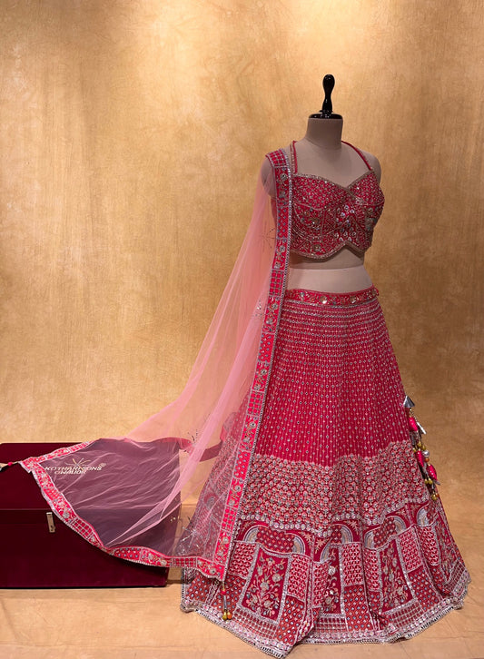 BRIDESMAIDS READYMADE  CROP TOP BLOUSE HOT PINK NET LEHENGA EMBELLISHED WITH CUTDANA, SEQUINS & MIRROR FOIL WORK