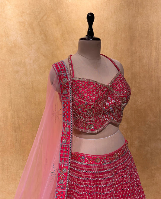 BRIDESMAIDS READYMADE  CROP TOP BLOUSE HOT PINK NET LEHENGA EMBELLISHED WITH CUTDANA, SEQUINS & MIRROR FOIL WORK