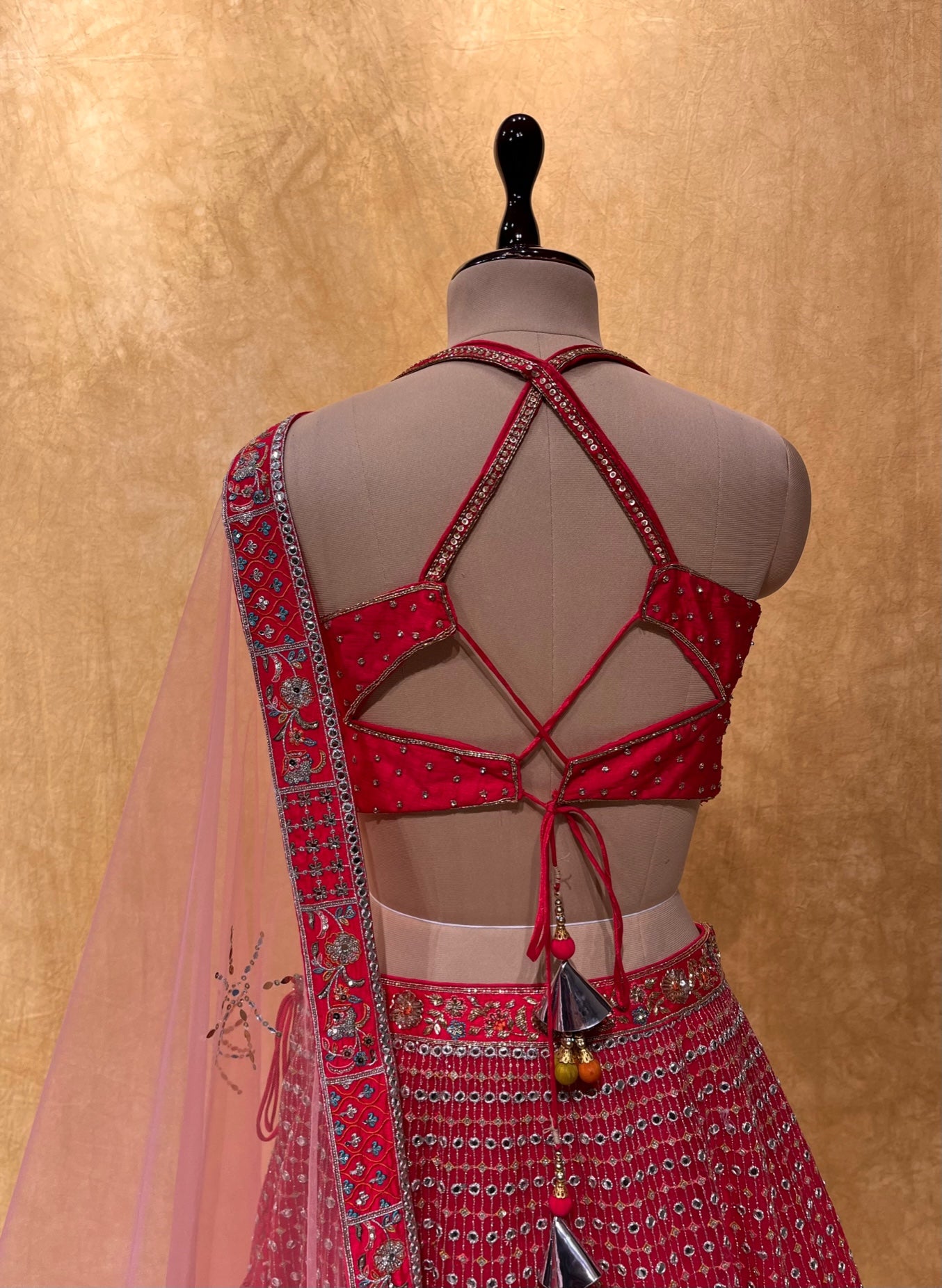 BRIDESMAIDS READYMADE  CROP TOP BLOUSE HOT PINK NET LEHENGA EMBELLISHED WITH CUTDANA, SEQUINS & MIRROR FOIL WORK