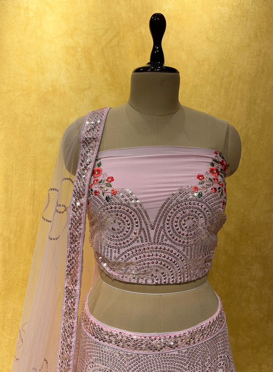 BABY PINK COLOUR GEORGETTE SEQUINS LEHENGA WITH UNSTITCHED BLOUSE