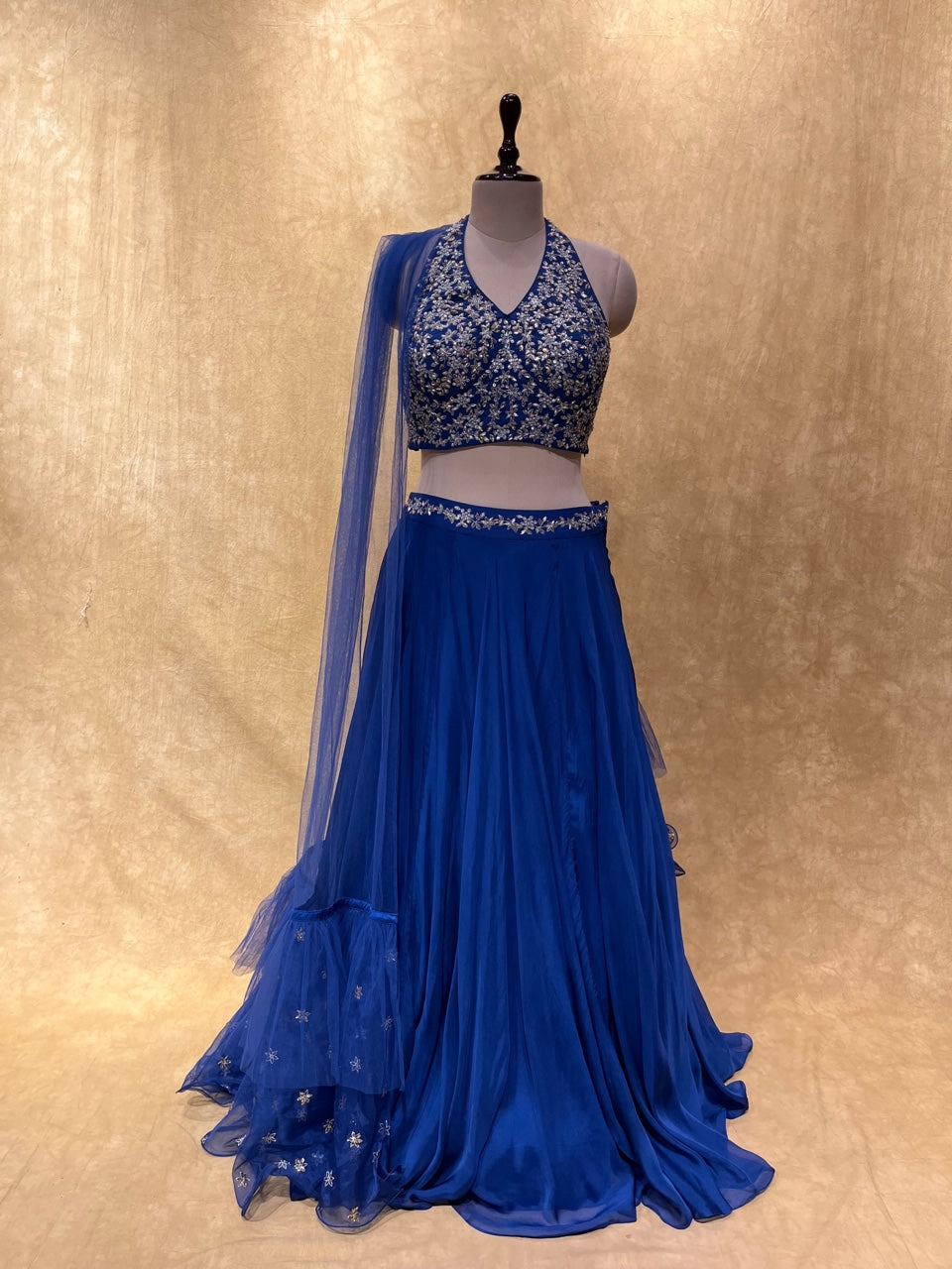 (DELIVERY IN 30 DAYS) BRIDESMAIDS READYMADE FESTIVE BLUE COLOUR LEHENGA & CROP TOP BLOUSE EMBELLISHED WITH ZARDOZI WORK