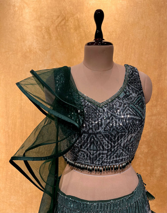 (DELIVERY IN 25 DAYS) BRIDESMAIDS READYMADE GREEN COLOUR SEQUINS LEHENGA, CROP TOP BLOUSE WITH RUFFLE STYLE DUPATTA