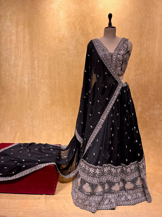 (DELIVERY IN 30 DAYS) BRIDESMAIDS READYMADE BLACK COLOUR CHINON LEHENGA & CROP TOP BLOUSE EMBELLISHED WITH CUTDANA & AARI WORK