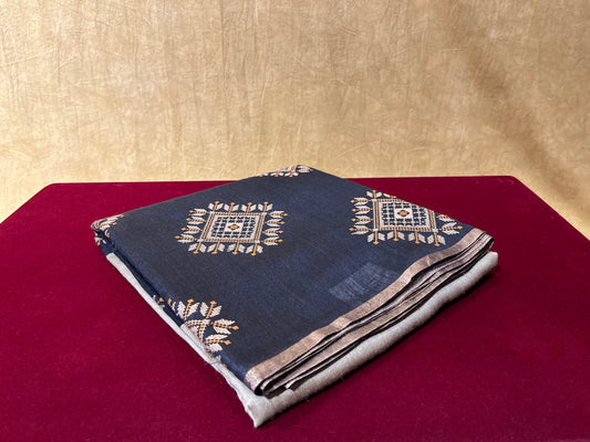 BLACK & GREY COLOUR MUNGA TUSSAR SILK SAREE WITH CROSS STITCH EMBROIDERY