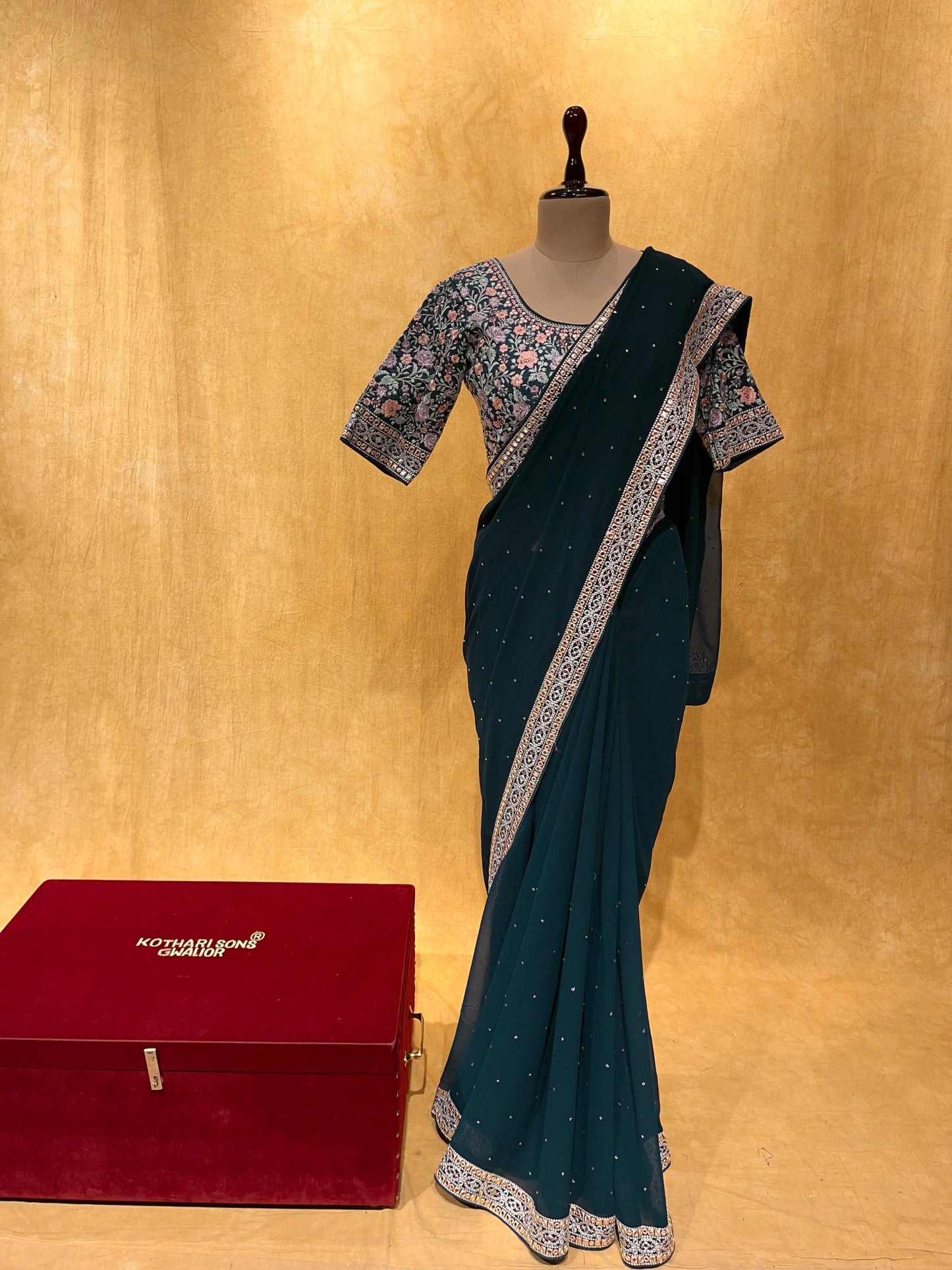 PEACOCK GREEN COLOUR READYMADE BLOUSE GEORGETTE SAREE EMBELLISHED WITH RESHAM & MIRROR FOIL WORK