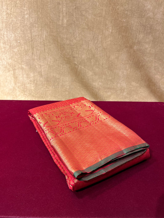 RED COLOUR PURE KANJIVARAM SILK SAREE WITH ZARI WEAVE & CONTRAST BLOUSE