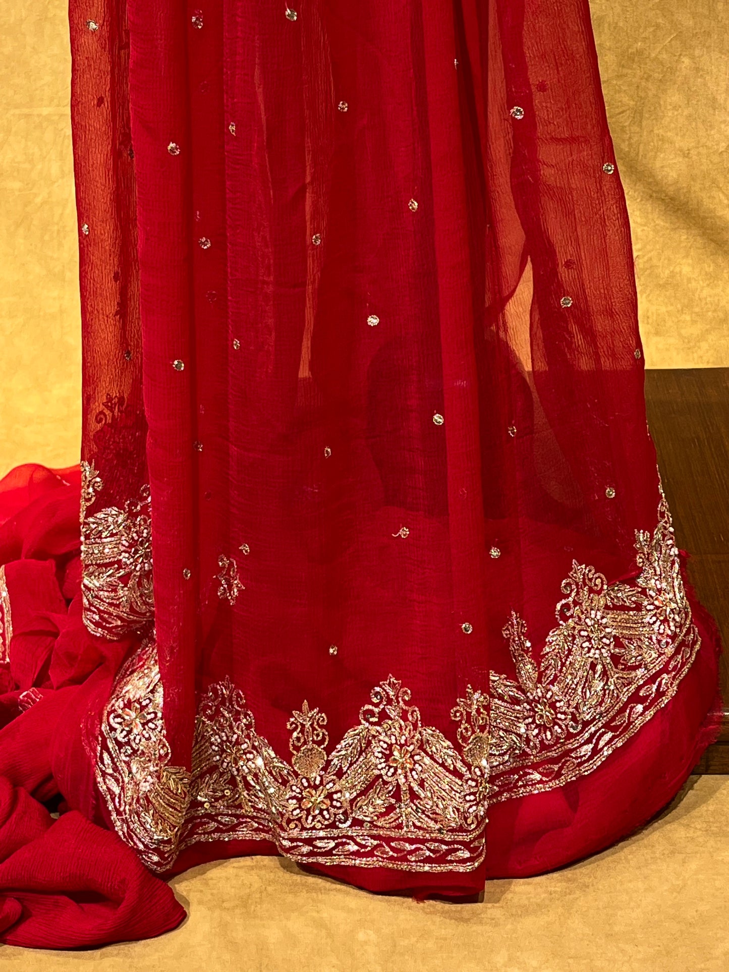 (DELIVERY IN 25 DAYS) RED COLOUR PURE CHIFFON EMBROIDERY SAREE WITH HAND EMBROIDERED ZARDOZI WORK