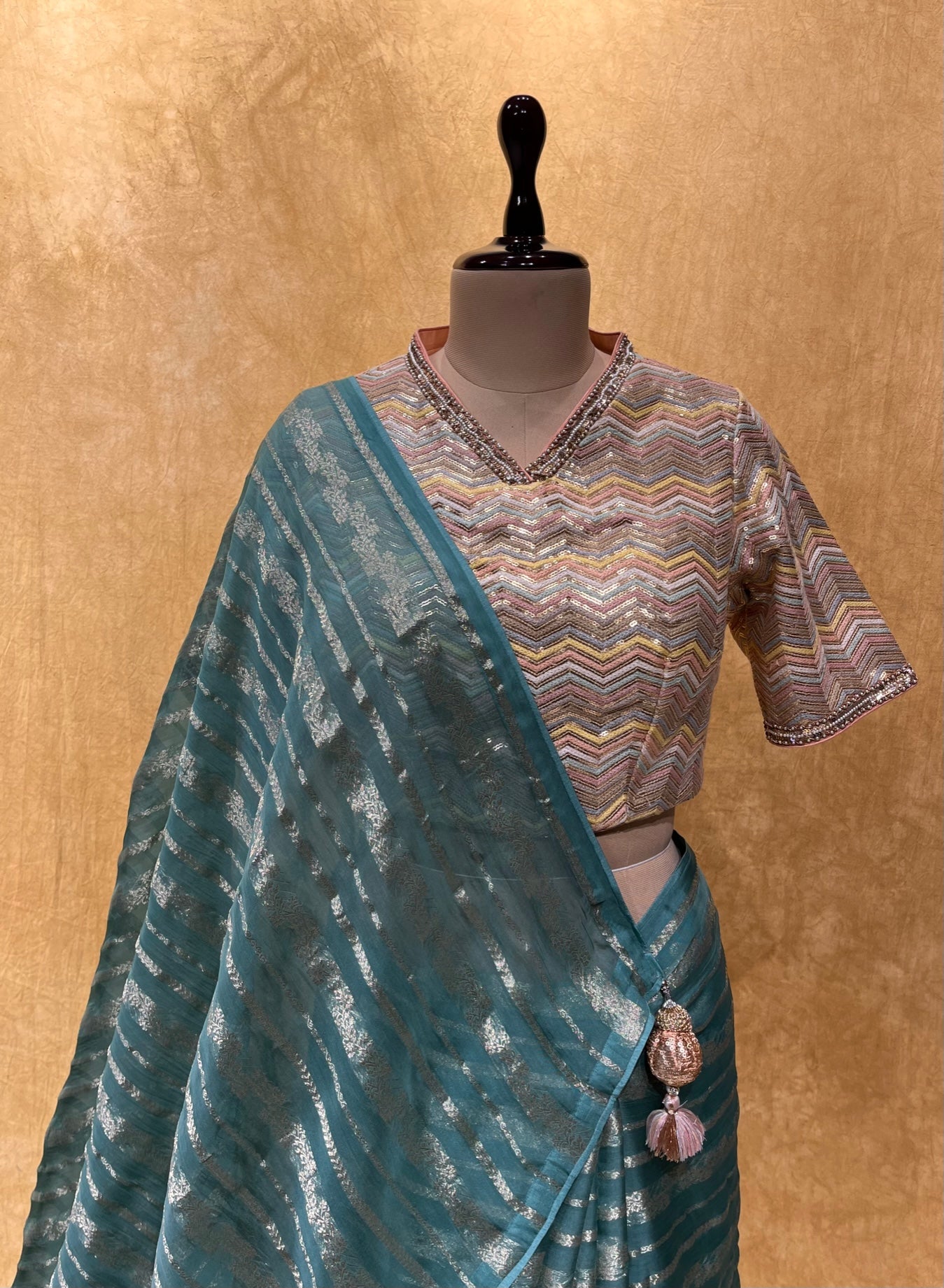 (DELIVERY IN 20-25 DAYS) OCEAN COLOUR ORGANZA READYMADE BLOUSE SAREE EMBELLISHED WITH ZARI WEAVES