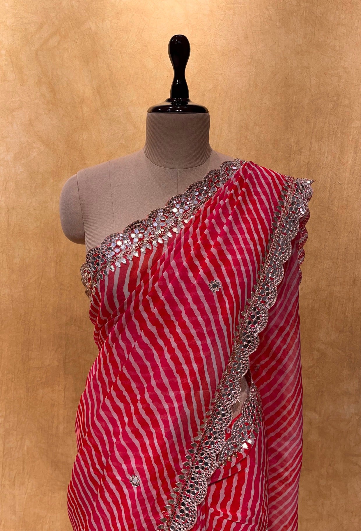 ( DELIVERY IN 25 DAYS ) PINK & RED COLOUR LEHERIYA ORGANZA SAREE EMBELLISHED WITH MIRROR FOIL WORK