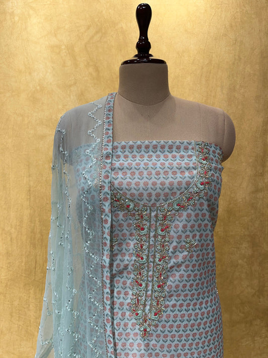 (DELIVERY IN 30 DAYS) CHANDERI EMBROIDERED UNSTITCHED SUIT WITH CHIFFON DUPATTA