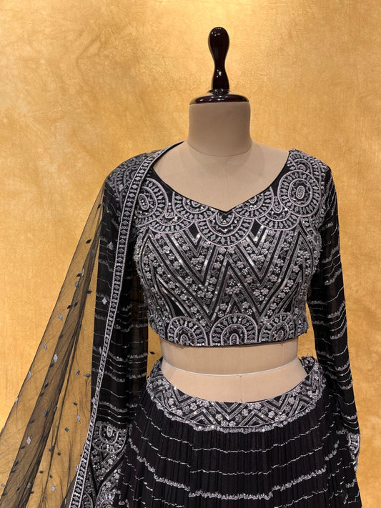 BRIDESMAIDS READYMADE BLACK COLOUR CHINON LEHENGA, CROP TOP BLOUSE & NET DUPATTA EMBELLISHED WITH CUTDANA & SEQUINS WORK